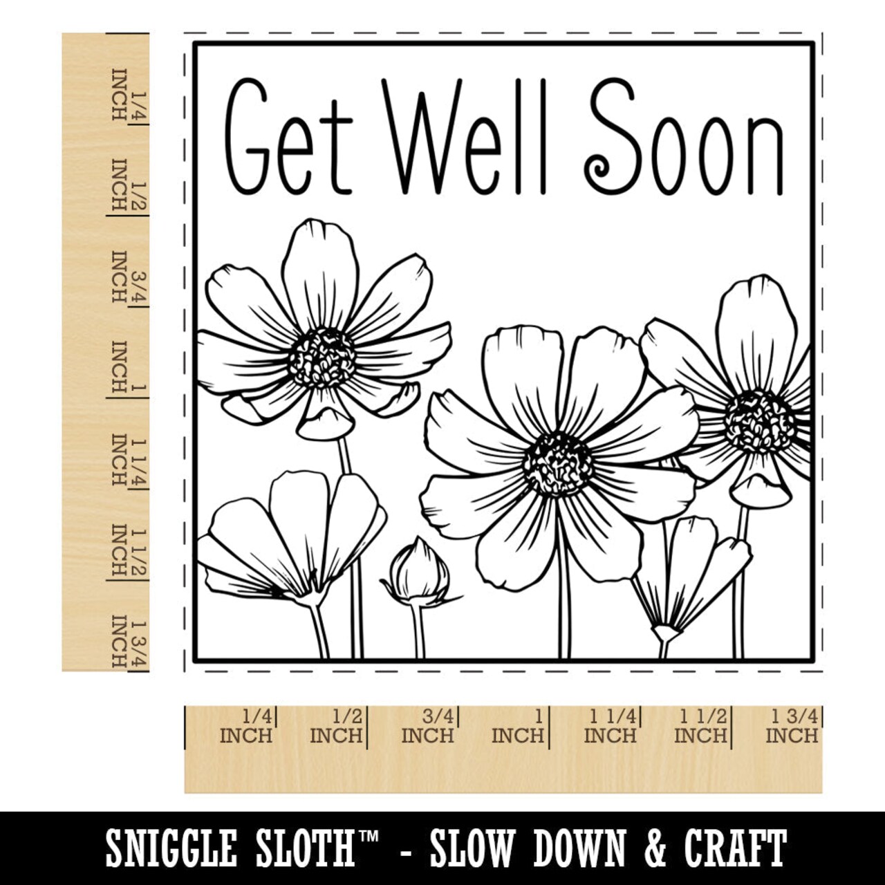 Get Well Soon Cosmos Flowers Drawing Square Rubber Stamp for Stamping Crafting